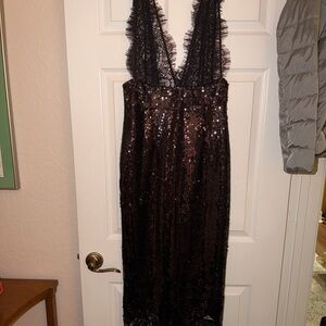Miss Rosier Black Sequin Dress with Lace Straps